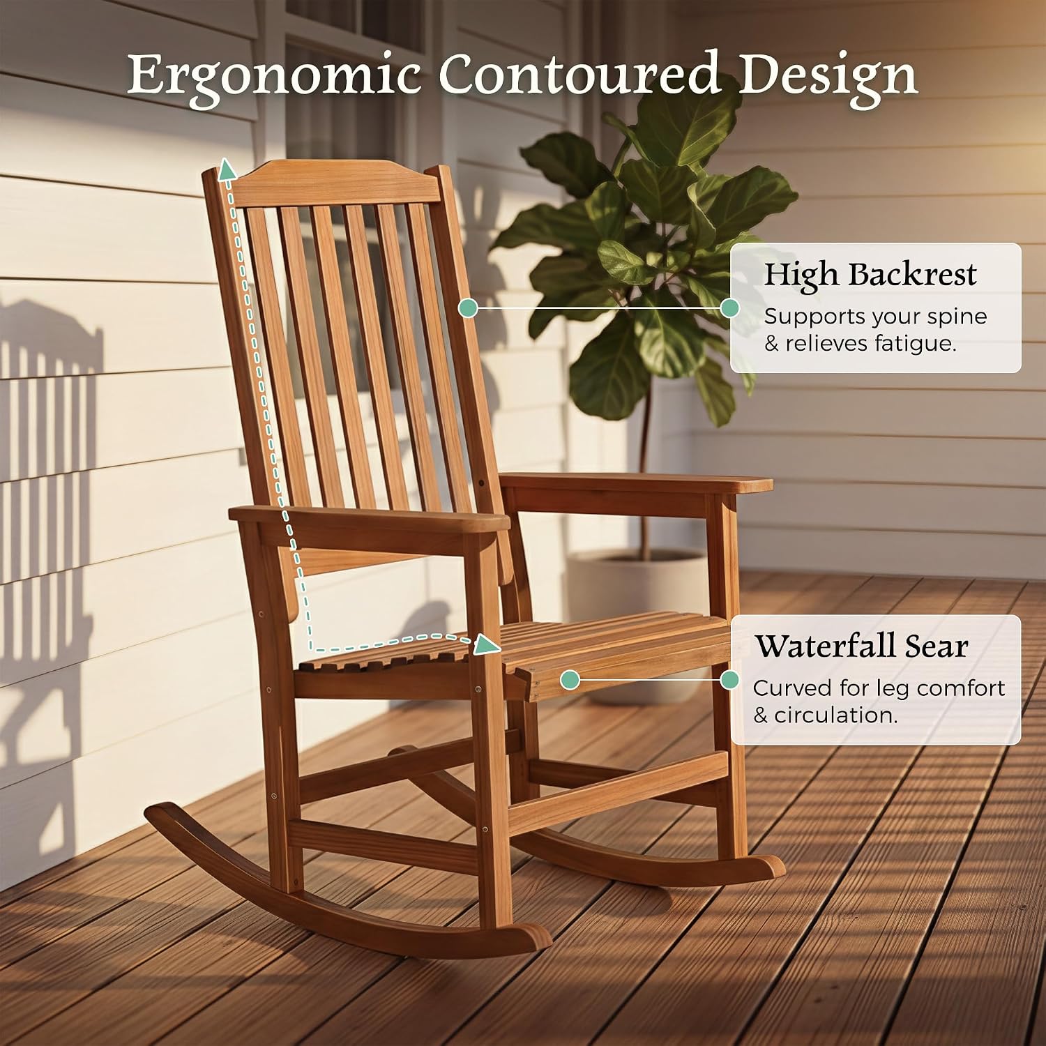 Devoko Outdoor Rocking Chair Acacia Wood Porch Rocking Chairs, Outdoor Chairs with Widened Armrest for Porch, Poolside, Balcony and Yard, Natural (2-Piece Chairs Set)