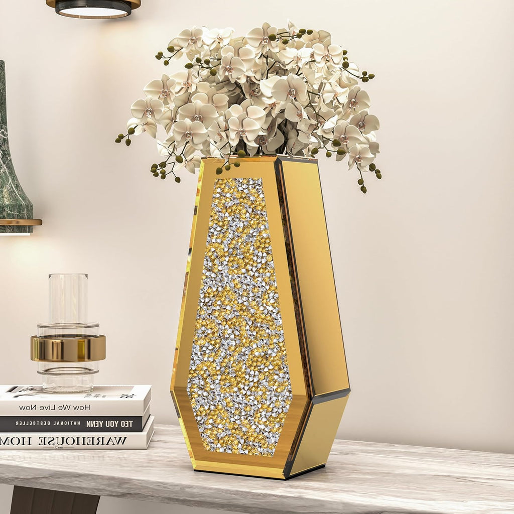 Luxury Crystal Glass Flower Vase Crushed Diamond Vase, Gold Mirror Finish, 14 inches Tall, Decorative Rhinestone Centerpiece for Home