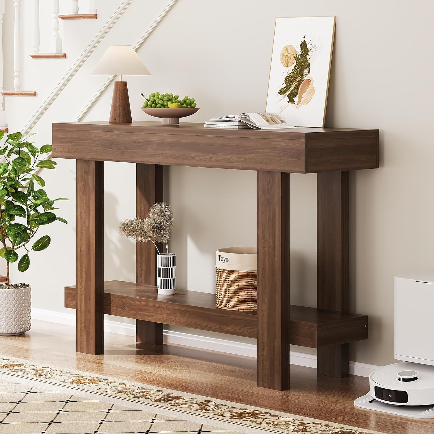 Console Table for Entryway, 47.2" Narrow Farmhouse Sofa Table with Thick Tabletop & Storage Shelf, 2-Tier Modern Wooden Entryway Industrial Table for Hallway, Living Room, Foyer, Behind Couch, Walnut