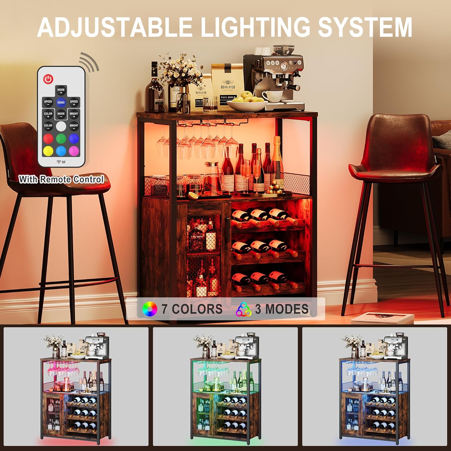 IDEALHOUSE Wine Bar Rack Cabinet with LED Light, Adjustable Shelves Coffee Bar Cabinet with Mesh Door and Baffle Design, 36″ Tall Small Liquor Bar Cabinet for Home, Kitchen, Dinning Room, Rustic Brown
