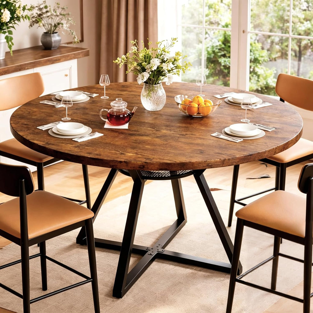 Concho 47" Round Dining Room Table for 4-6,Circle Kitchen Dining Dinner Table with Pedestal Metal Frame,Space Saving Wood Kitchen & Dining Room Furniture, Vintage Brown