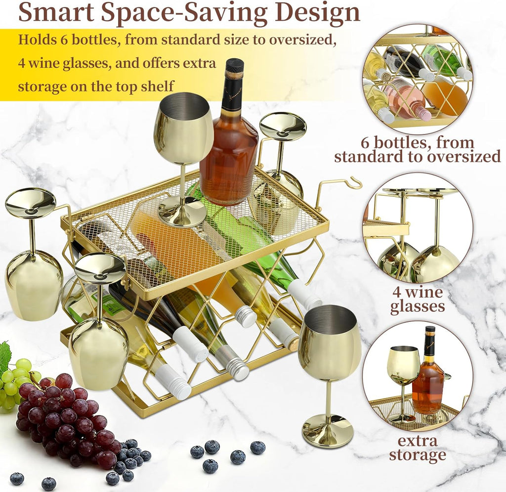 Countertop Wine Rack Organizer - Holds 6 Oversized Bottles & 4 Glasses | Freestanding Small Metal Bottle Holder, Perfect for Home Décor, Kitchen Storage and Cabinet | No Assembly（Gold）