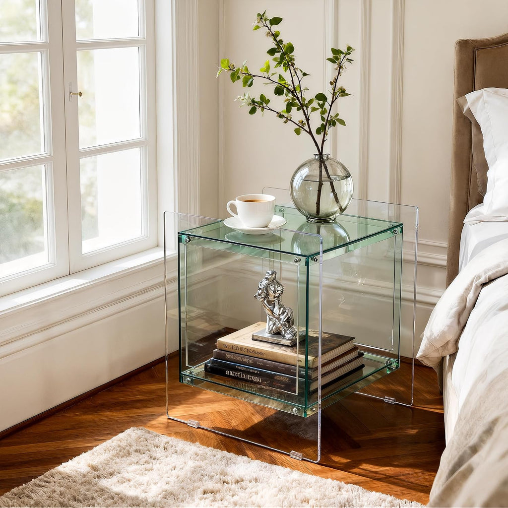 Acrylic End Table Light-Green: 2 Tier Clear Accent Desk Small Nightstand Set