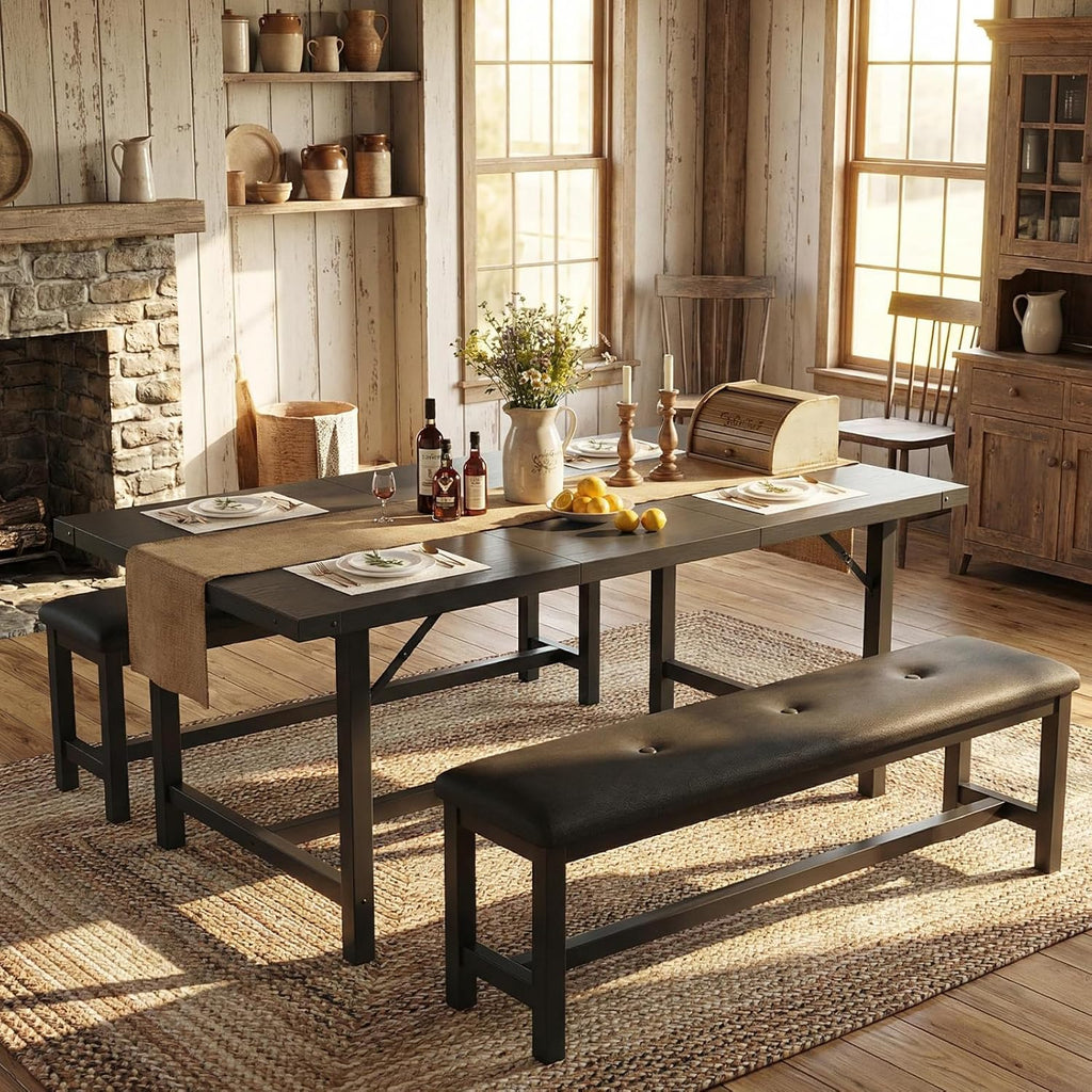 GarveeHome 5 Piece Extendable Dining Table Set for 4-6, Kitchen Table & 2 Upholstered Benches w/Metal Corner Protector, Dining Room Table Set for Small Space, Apartment, Easy Assemble, Retro Black