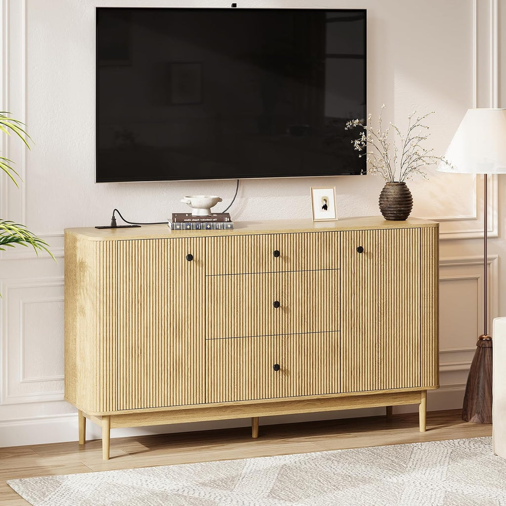 59" Buffet Cabinet with Drawers, Large Fluted Sideboard Buffet Storage Cabinet with Charging Station, Shelves and Doors, Modern Accent Coffee Bar Console Table for Kitchen, Entryway and Living Room