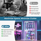 Large Display Cabinet with Glass Doors, 8-Tier RGB Curio Cabinet with Smart Human Induction & Remote Control, 73" Tall Stable Glass Display Case for Collectibles, Figures, Lockable Storage, White