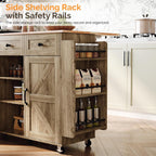 VINGLI Kitchen Island with Storage, 52" Rolling Kitchen Cart with 3 Drawers & Shelves, Drop Leaf Design, Mobile Island with Barn Doors, Towel & Spice Rack for Kitchen & Dining, Grey Brown Oak