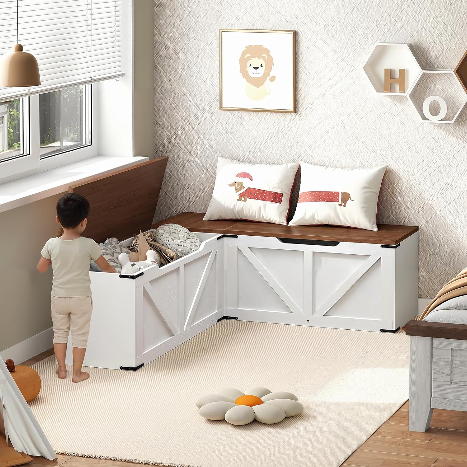 YATINEY L-Shaped Storage Bench, Storage Toy Chest with Hidden Compartments, Breakfast Nook Bench for Corner Spaces, Kitchen, Dining Room, Cloakroom, Walnut and White CW01WH