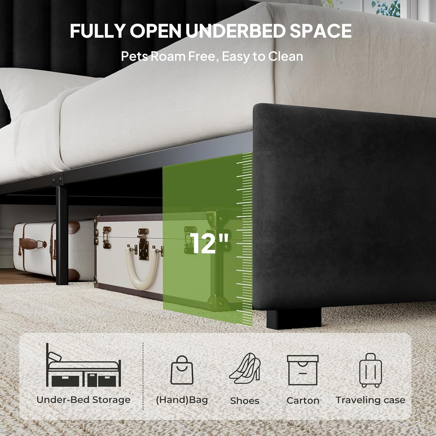 Welzona Queen Upholstered Bed Frame with Headboard, Velvet Upholstered Metal Platform Bed with Vertical Channel Tufted Headboard, 3-Level Height, Metal Slat Support, Noise-Free Easy Assembly, Black