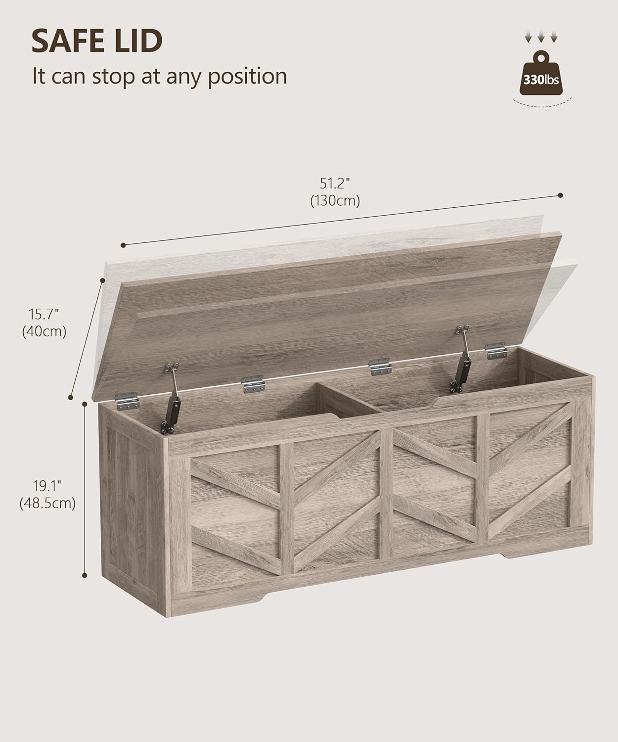 51.2" Storage Chest, Extra Large Storage Bench with 2 Safety Hinges, Storage Trunk Supports 330 lb, Wooden Blanket Storage for Bedroom, livingroom, entryway, Greige