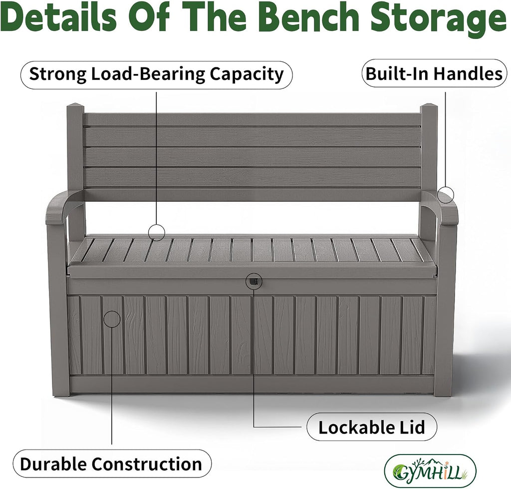 80 Gallon Outdoor Storage Bench Spacious Storage Box Waterproof Resin Deck Box Lockable for Patio, Garden, Livig Room & Outdoor Spaces（Grey）