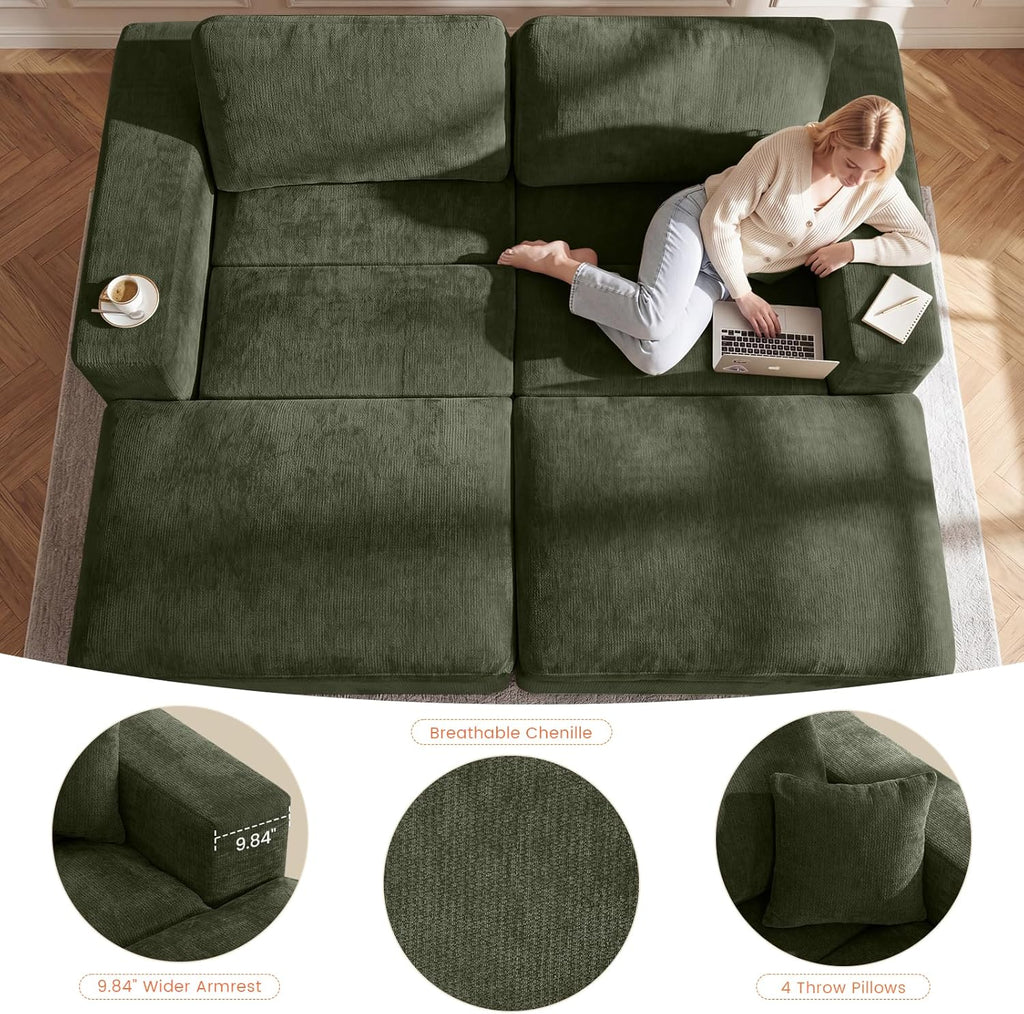 80.7" Oversized Double Chaise Lounge Chair Indoor, Cloud Boneless Sleeper Sofa Bed with 4 Pillows, Extra Deep Seat Cozy Loveseat Couch for Living Room Bedroom, No Assembly Required (Green)