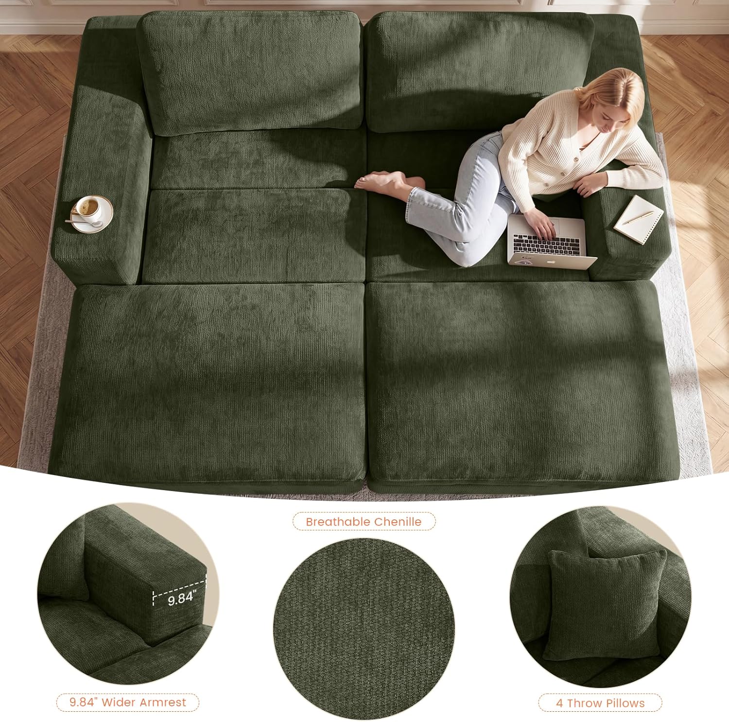 80.7" Oversized Double Chaise Lounge Chair Indoor, Cloud Boneless Sleeper Sofa Bed with 4 Pillows, Extra Deep Seat Cozy Loveseat Couch for Living Room Bedroom, No Assembly Required (Green)