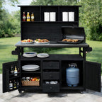 65''H Large Garden Storage Potting Bench with Lockable Wheels, Wood Outdoor Kitchen Island with Stainless Steel top, Drawers, Door Shelves and Hutch (Black-Wheels)