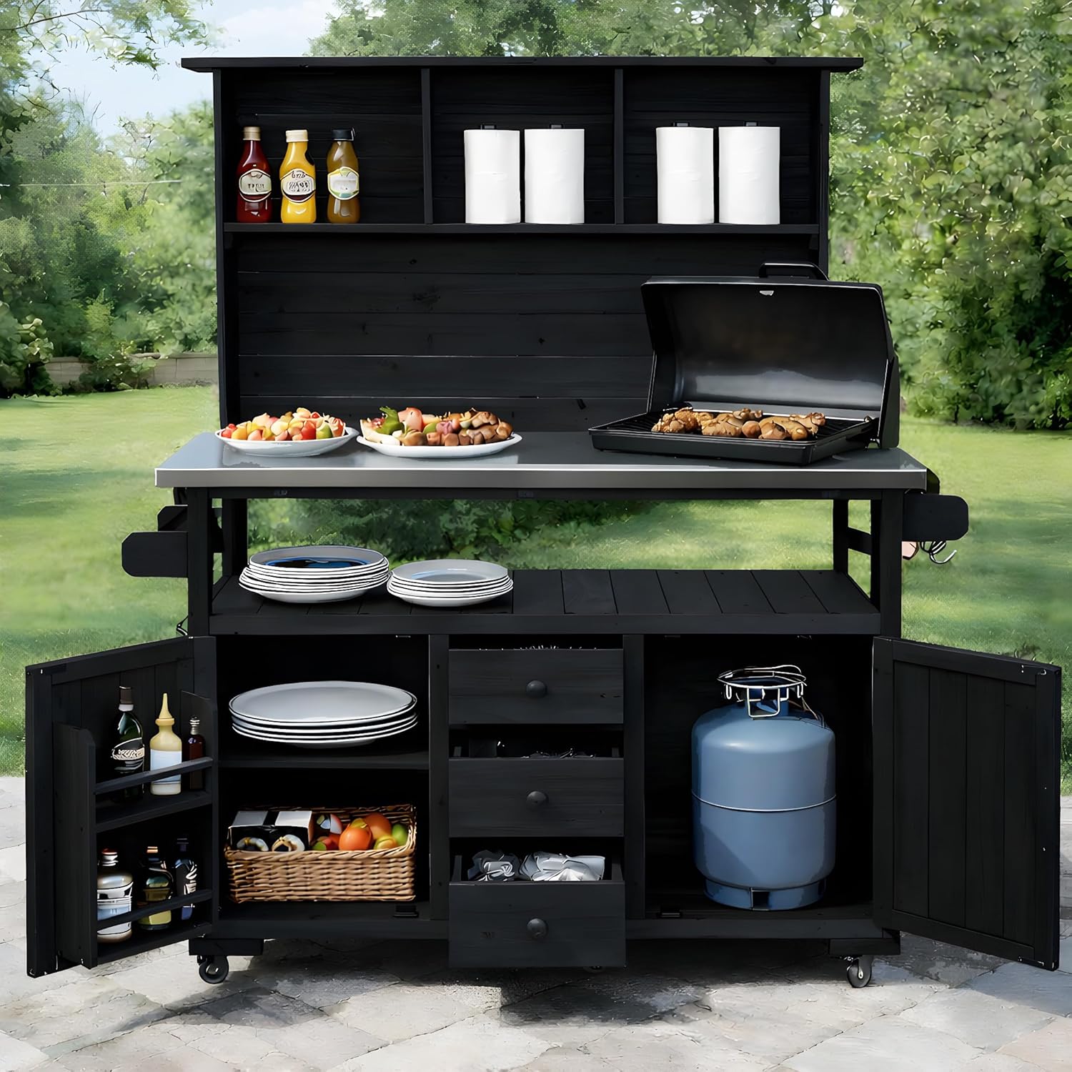65''H Large Garden Storage Potting Bench with Lockable Wheels, Wood Outdoor Kitchen Island with Stainless Steel top, Drawers, Door Shelves and Hutch (Black-Wheels)