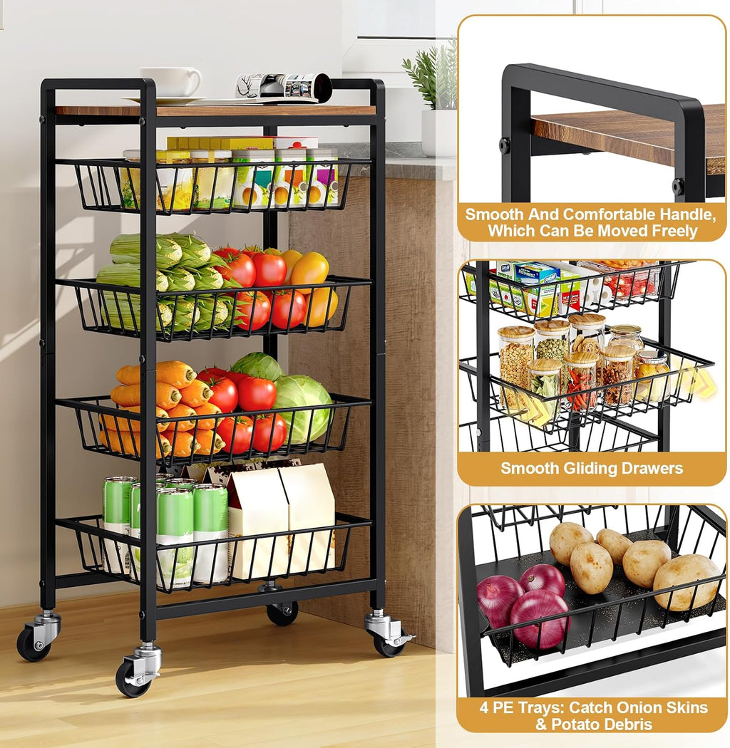 TOOLF 5-Tier Kitchen Storage Cart with Tabletop, Rolling Snack Cart with Lockable Wheels, Fruit Vegetable Basket with 4 Pack Mats, Metal Storage Rack with Pull-Out Pantry Trolley for Organizer