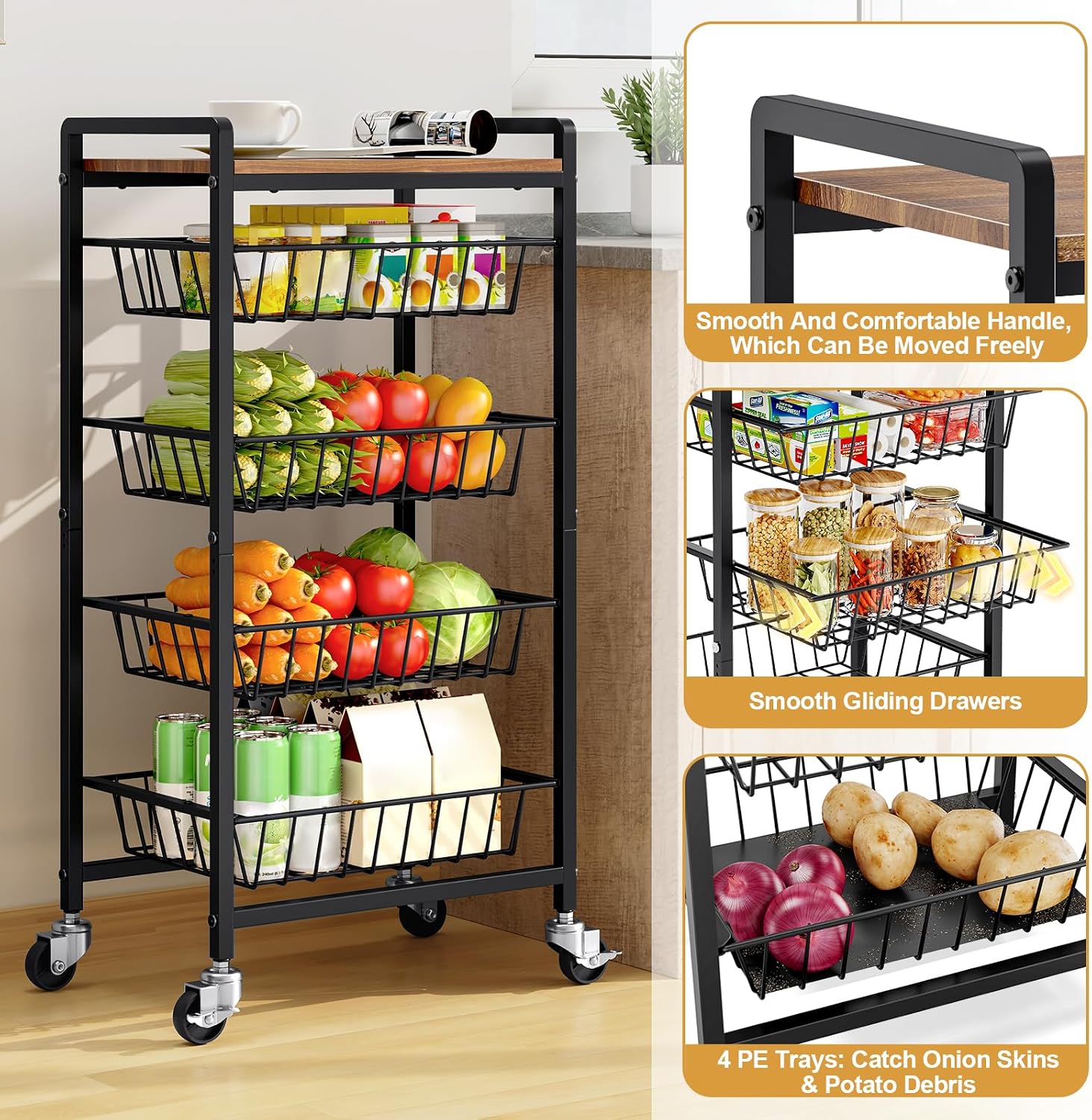 TOOLF 5-Tier Kitchen Storage Cart with Tabletop, Rolling Snack Cart with Lockable Wheels, Fruit Vegetable Basket with 4 Pack Mats, Metal Storage Rack with Pull-Out Pantry Trolley for Organizer