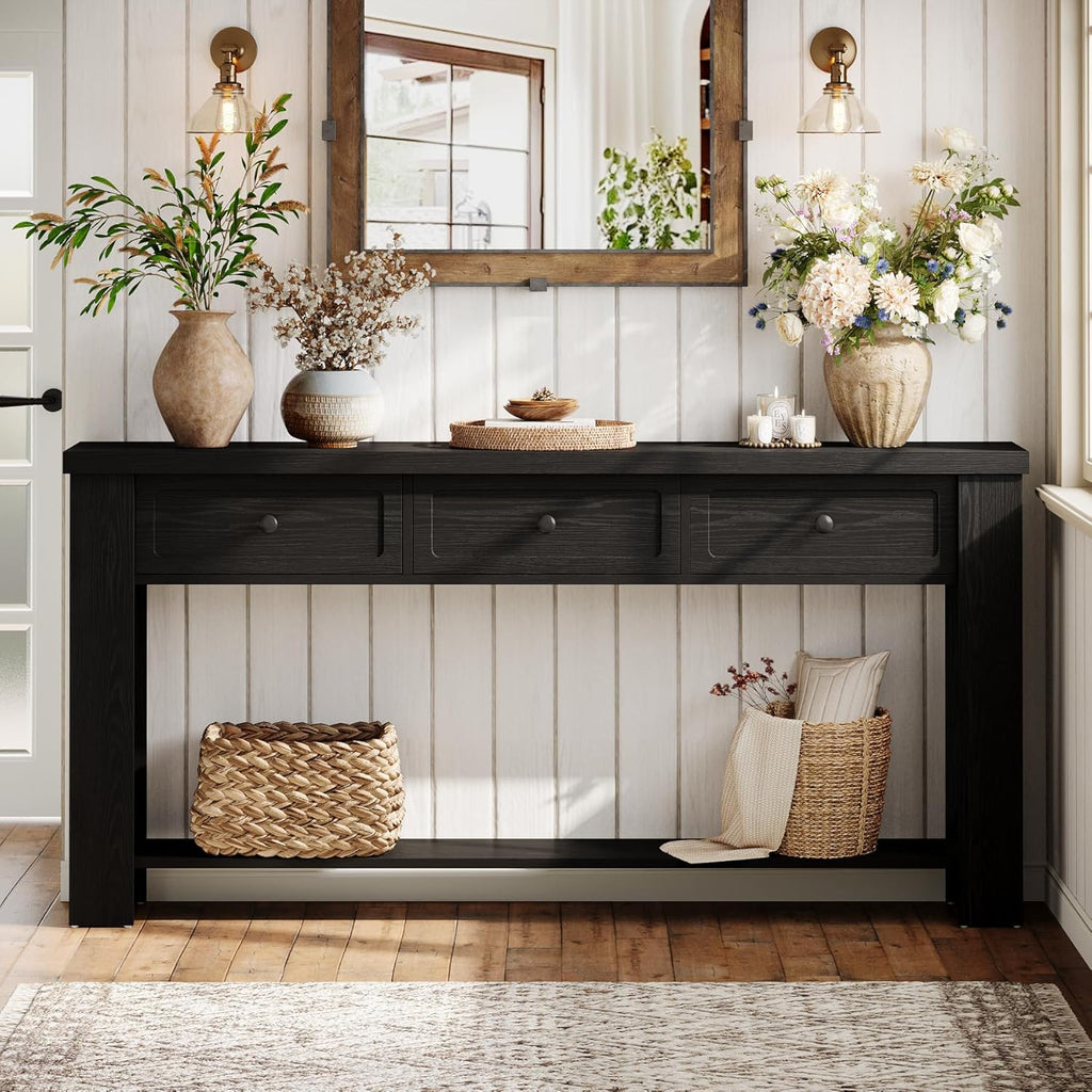 Tribesigns 70.9-Inch Long Console Table with 3 Drawers, Farmhouse Entryway Table with Storage, Rectangular Narrow Sofa Table Behind the Couch, Accent Table for Hallway, Living Room, Entry, Black