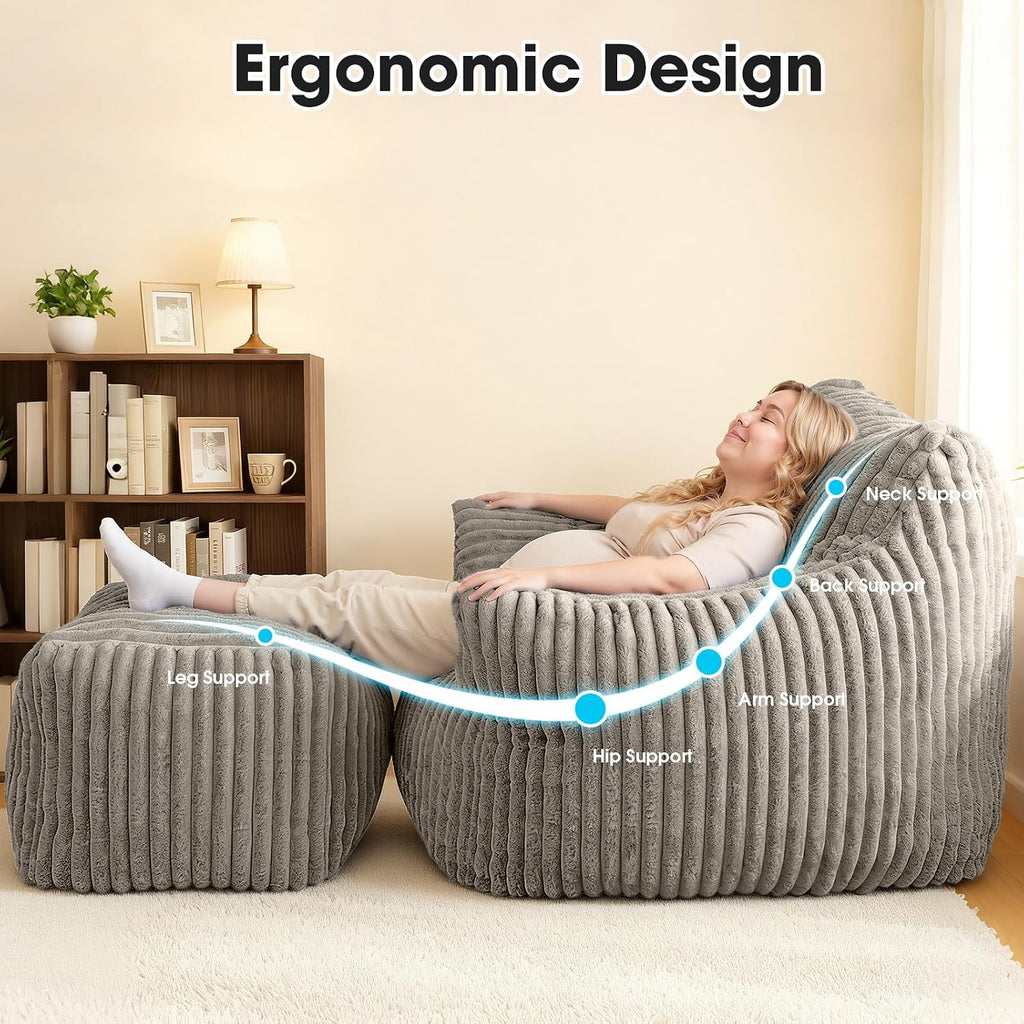 Giant Bean Bag Chair with Ottoman, Oversized Memory Foam Bean Bag Sofa for Adults and Kids, Large Comfy Fluffy Single Lounges Mini Couch for Living Room, Bedroom & Dorm(Taupe)