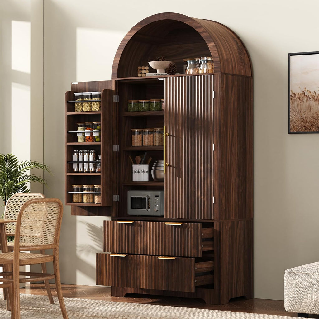 Merax 72" Tall Arched Kitchen Pantry Cabinet with 2 Drawers, Mid Century Modern Fluted Storage Cabinet with 3 Adjustable Shelves & 8 Door Shelves, Wooden Cupboard Organizer for Kitchens (Walnut)