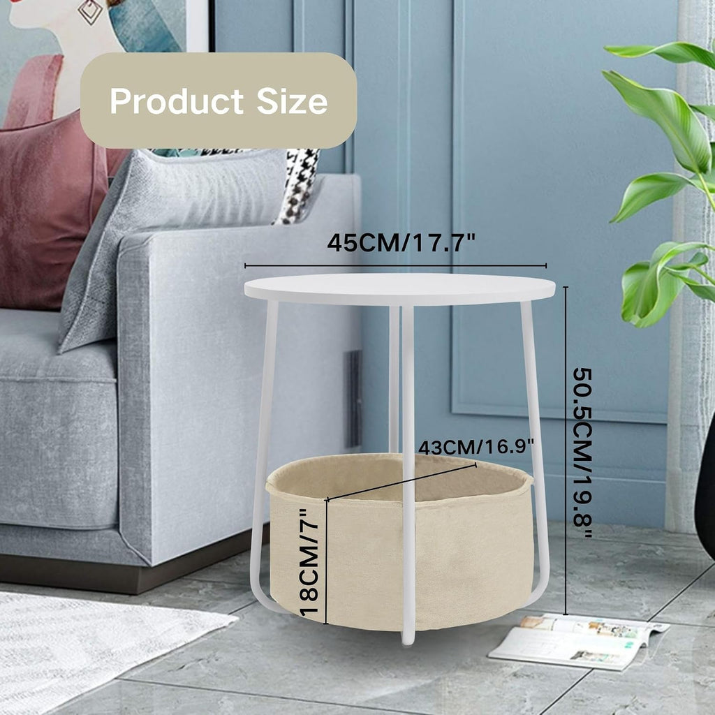 Homy Casa Modern Round End Table with Fabric Basket, Small Side Table Nightstand for Bedroom Nursery with Fabric Storage Basket for Living Room and Bedroom, White