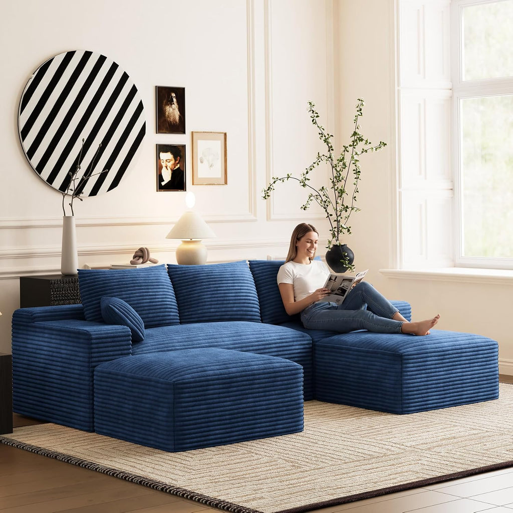 Modular Sectional Sofa Cloud Couch, 108'' Comfy U Shaped Sectional Couches for Living Room, Deep Seat Cozy Fluffy Corduroy Boneless Couch Sectionals Sofa with Movable Ottomanm, Blue