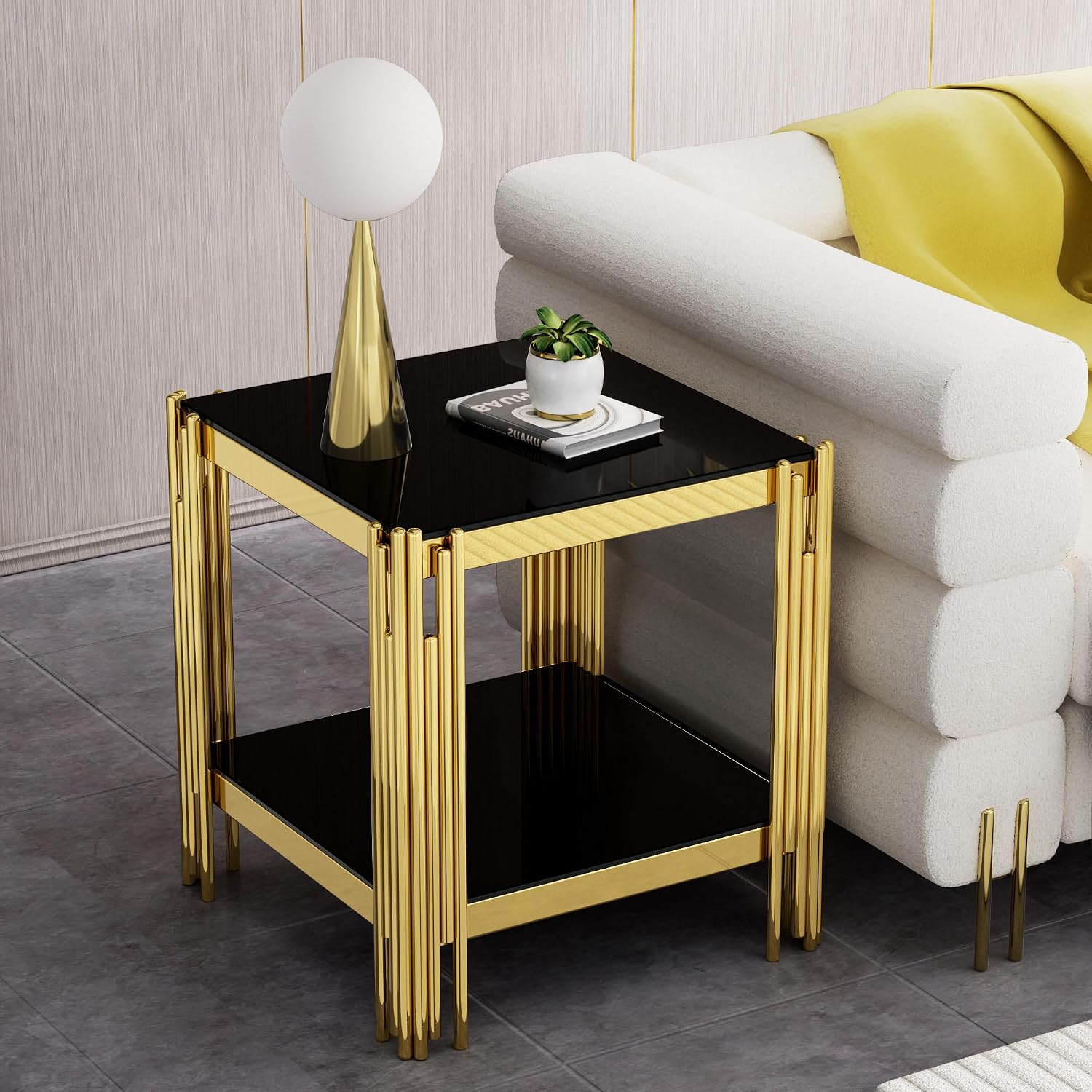 20” Square Glass End Table, 2-Tier Side Table with Black Tempered Glass Top Golden Mirrored Stainless Steel Legs, Modern Luxury Nightstand Bedside Table with Lower Shelf for Living Room