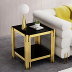 Luxury Gold Glass End Table,Sqaure Sofa Side Table with Shiny Geometric Stainless Steel Base,Black Glass Accent End Table Bedside Table Nightstand for Living Room Bedroom Office