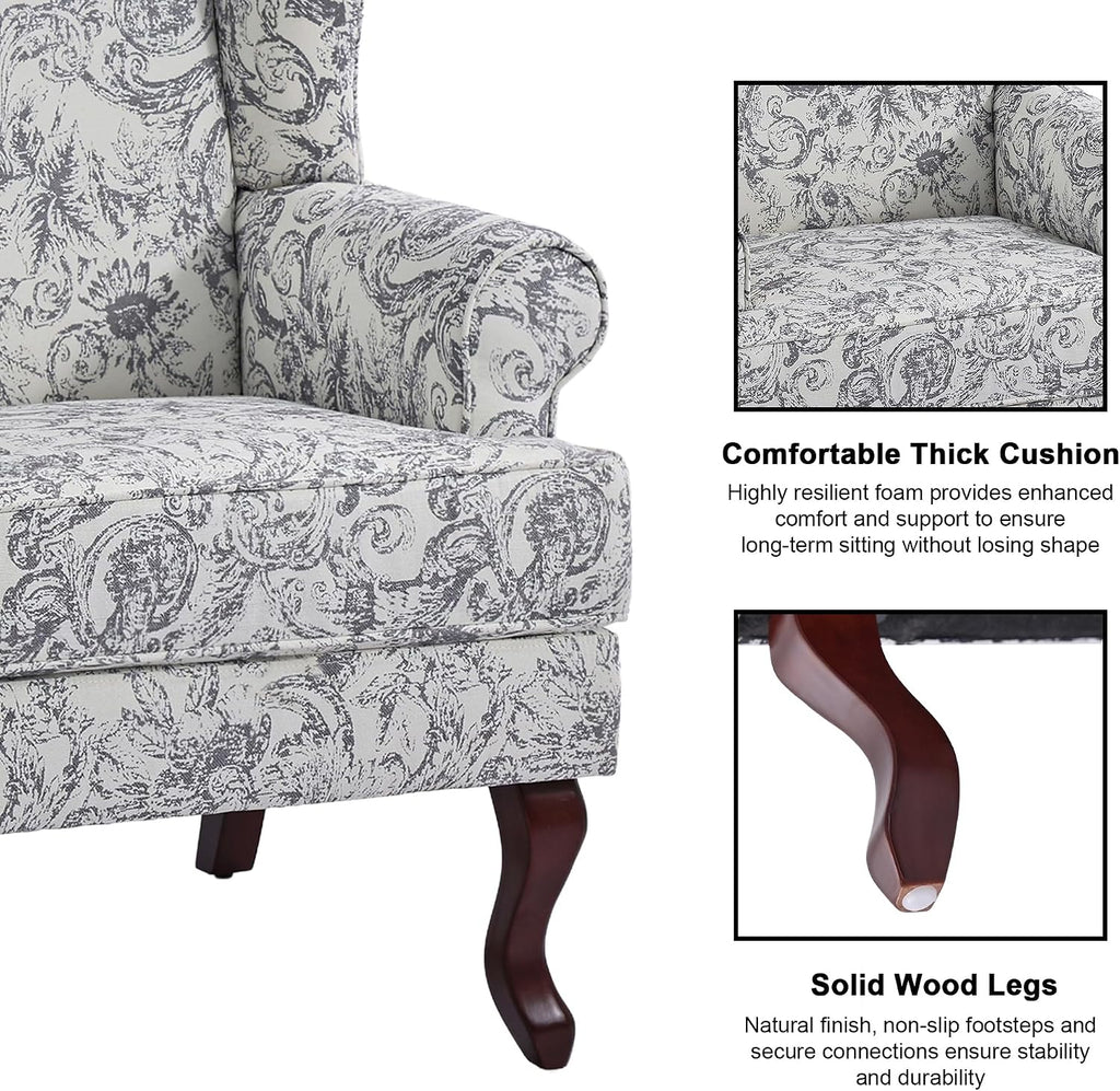Mid-Century Modern Wingback Accent Chair, Rococo Light Grey, Set of 2 | High Back Upholstered Armchair with Solid Wood Legs, Comfy Single Sofa Reading Chairs for Living Room, Bedroom