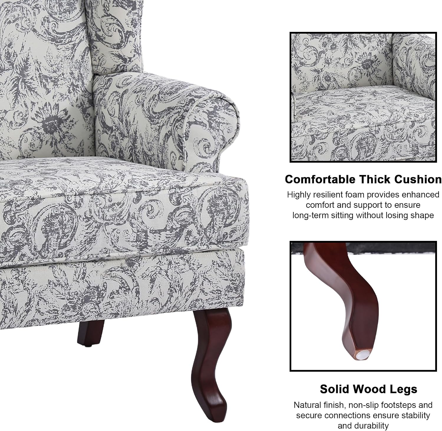Mid-Century Modern Wingback Accent Chair, Rococo Light Grey, Set of 2 | High Back Upholstered Armchair with Solid Wood Legs, Comfy Single Sofa Reading Chairs for Living Room, Bedroom