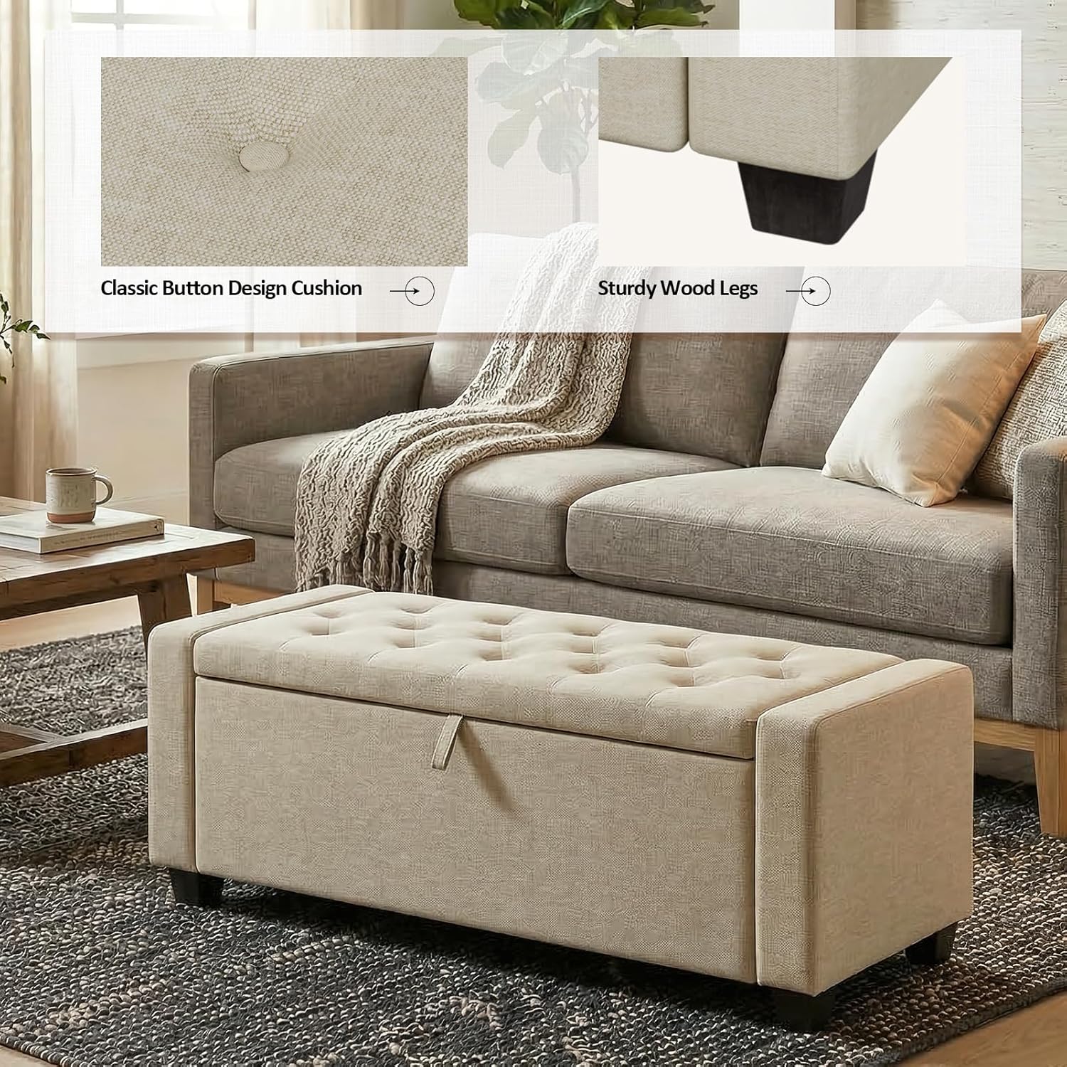 Storage Ottoman Bench, 50" End of Bed Bench with Legs,Storage Chest with Safety Hinge, Modern Entryway Benchs for Living Room, Bedroom, Entryway, Beige