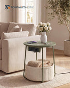 SONGMIC HOME Round Side End Table, Nightstand with Charging Station and Fabric Basket, for Living Room, Green and White