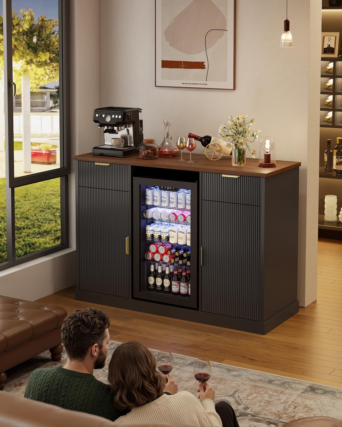 Otterease 55" Large Coffee Bar Cabinet with Fridge Space and Built-in Outlets, Modern Fluted Wine & Liquor Bar Cabinet, Buffet Sideboard Storage Cabinet for Living Room, Dining Room or Home Bar, Black