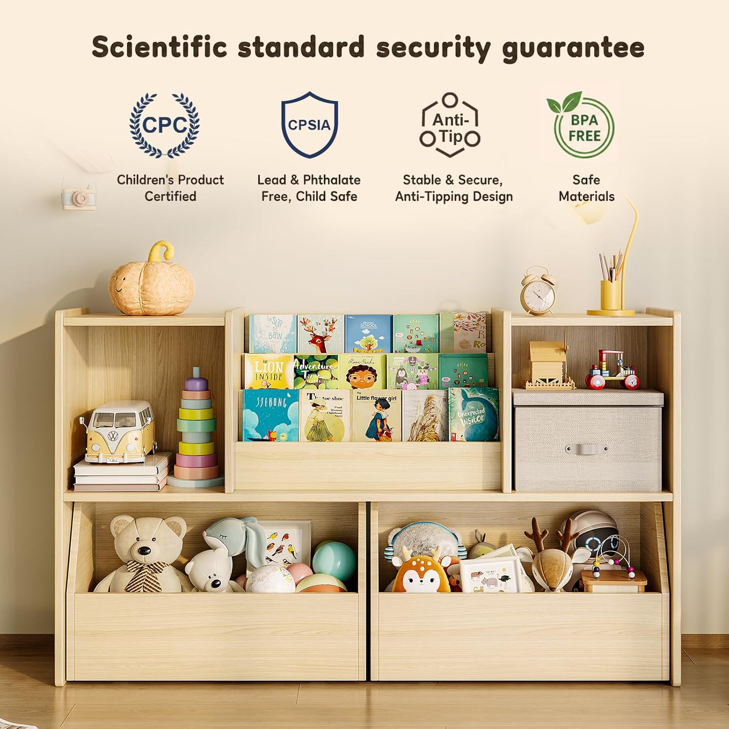 EXPERLAM Solid Wood Kids Bookshelf and Toy Storage Organizer, 3-in-1 Montessori Bookcase with Storage Cubbies and 2 Rolling Toy Bins, Toddler Bookshelf for Kids Room, Playroom, Nursery