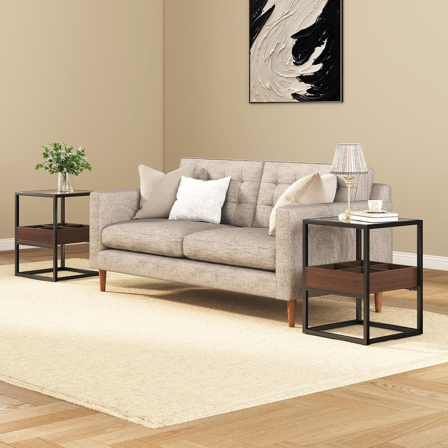 Top Tempered Glass End Table or Nightstand with USB Port and Dimmable Warm Brown COB Strip Light for Living Room & Bedroom﻿ (Brown)