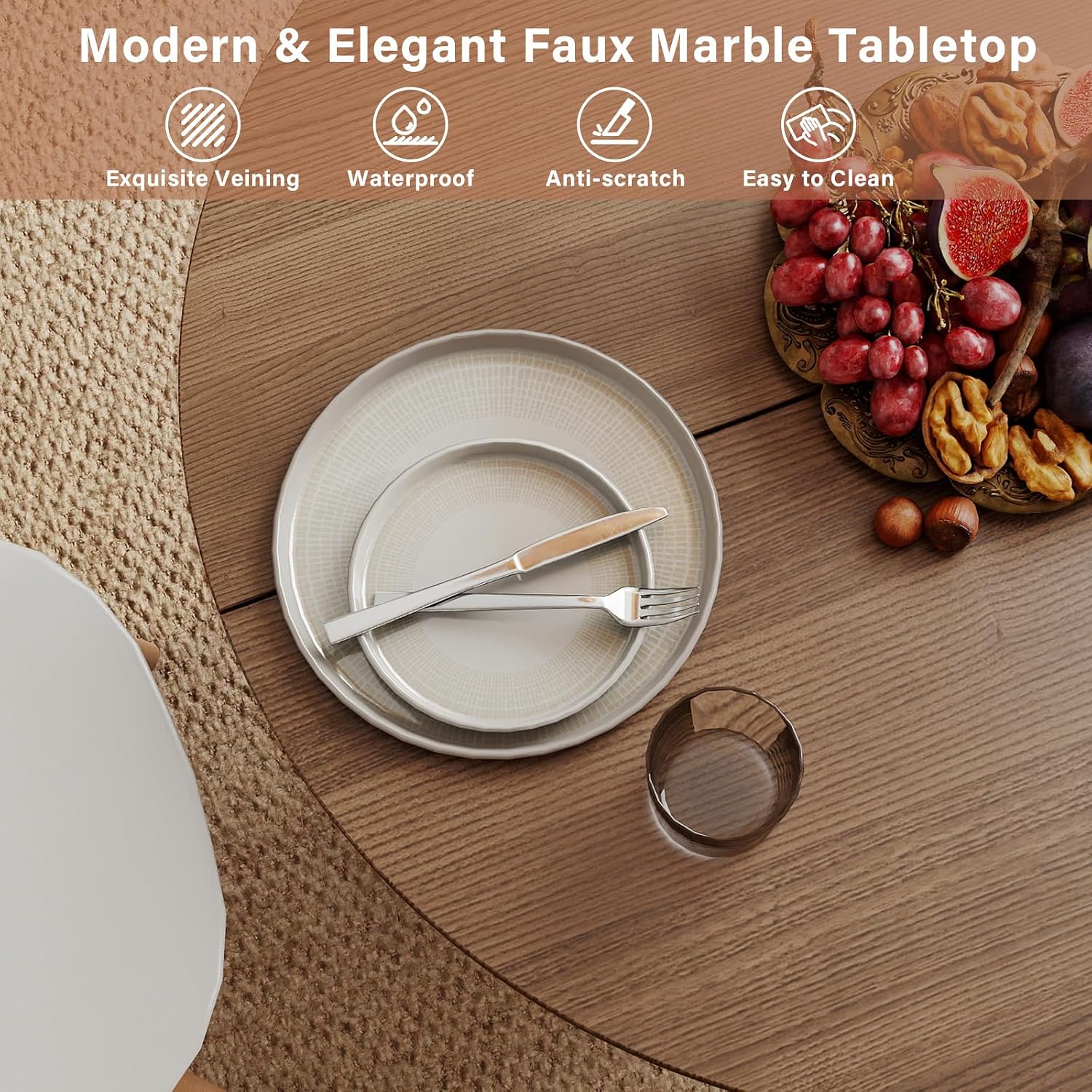 Round Dining Table with Storage,31.5" Modern Storage Kitchen Table for 2-4 People with Curved Sliding Door Fluted Wood Thickened Tabletop for Dining Room/Kitchen/Living Room,Brown