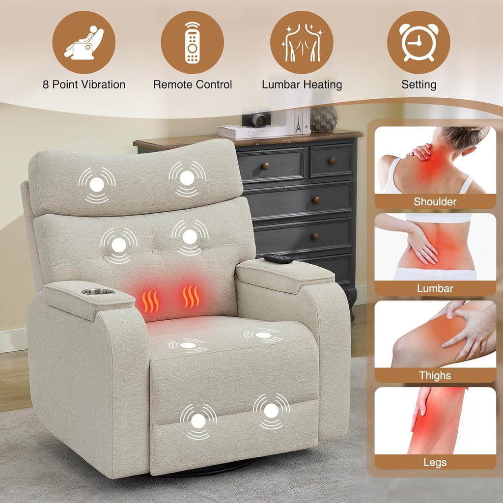 Power Swivel Rocker Recliner with Massage & Heat, Power Glider Recliners with Type-C Port & Timing, Oversized Swivel Glider Recliner with Dual Storage Arms & Cup Holder, Chenille Camel