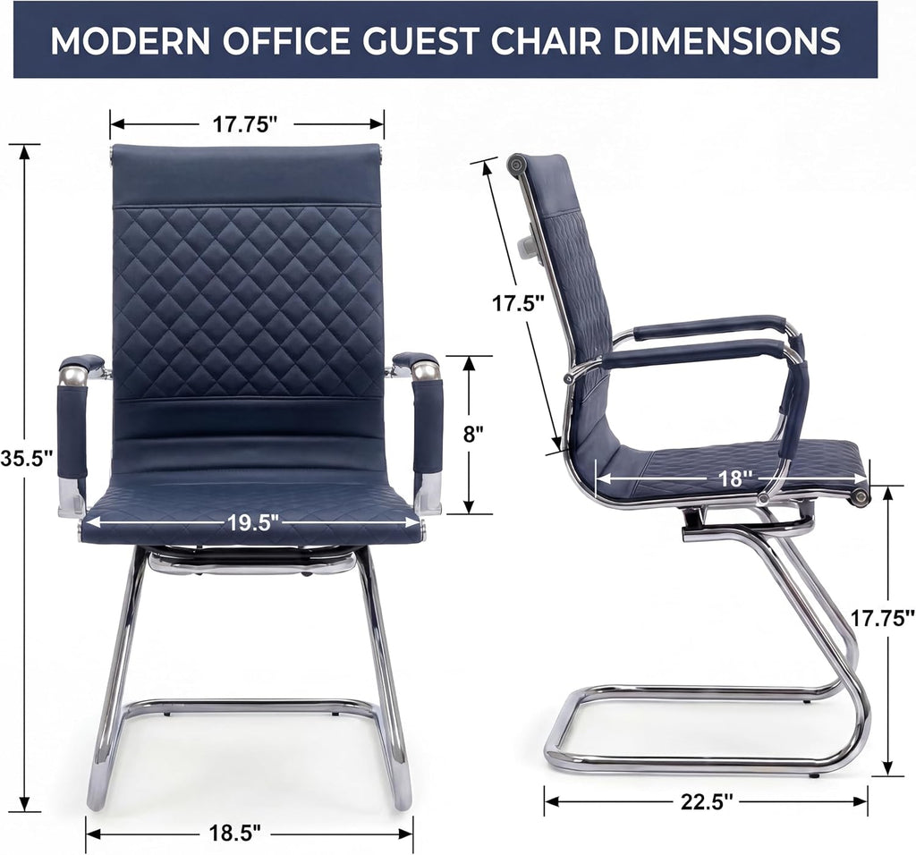 HNY Office Desk Chair No Wheels Set of 8 - PU Leather Waiting Room Chairs with Arms - Conference Room Chairs 400LB Capacity Sled Base, Reception Chair for Home Office, Lobby, School Navy Blue