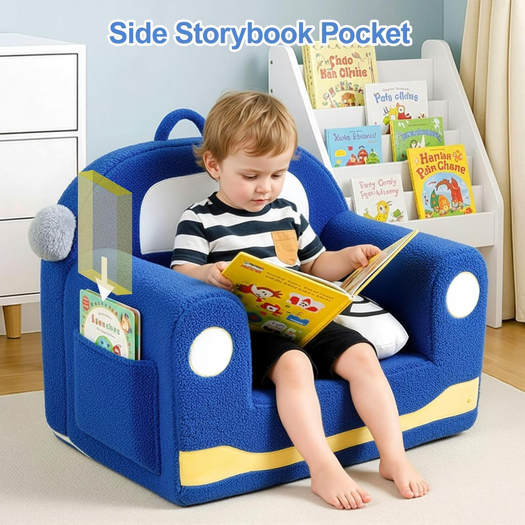 OUOZZZ Kids Chair, Toddler Chairs Comfy 2-6 Years Old Boys | Soft Sherpa Foam, With Cushion, Handle, Book Pocket, Lightweight Playroom Furniture