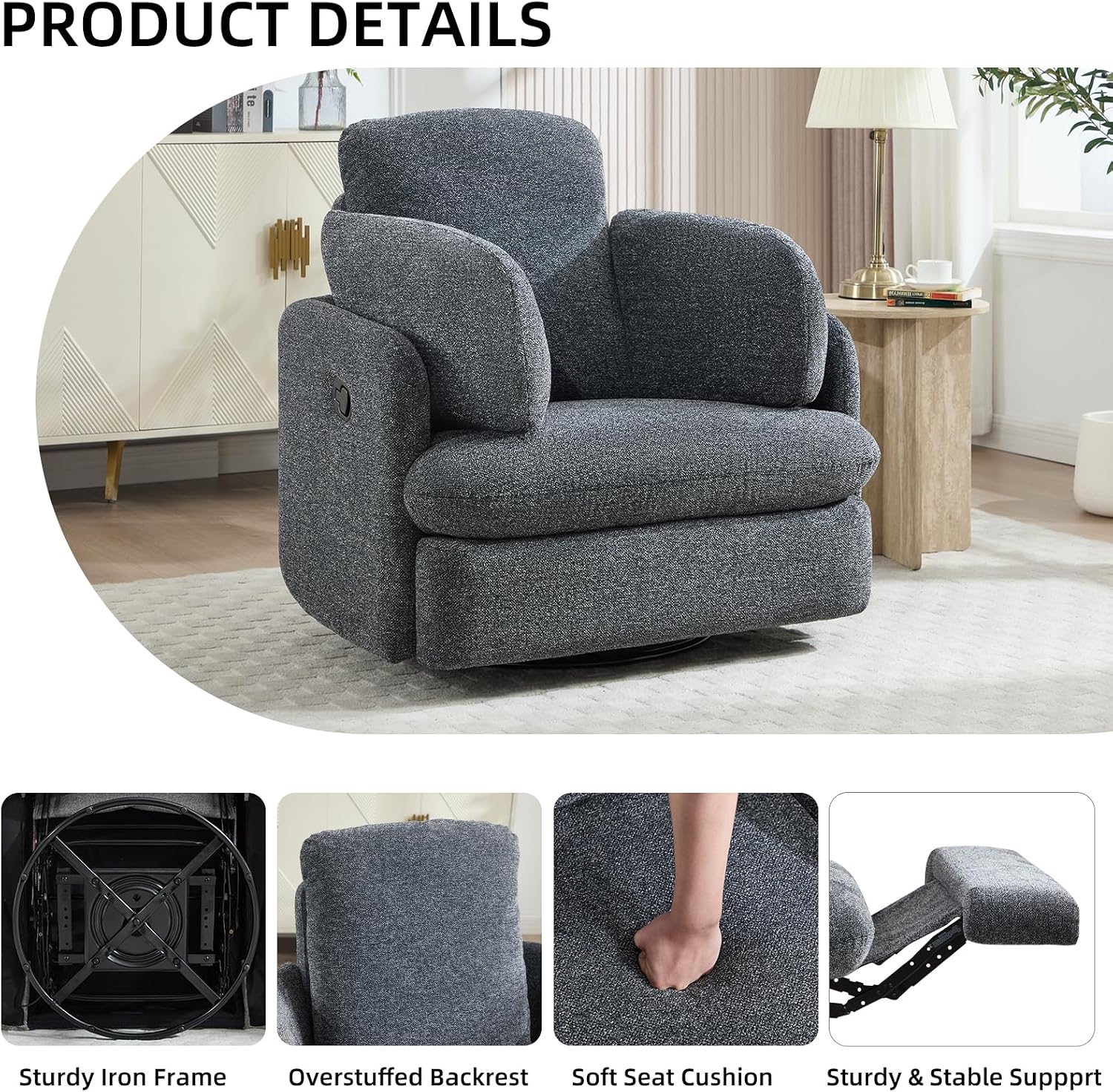 CANMOV Swivel Rocker Recliner, Manual Recliner Chair for Adults, Nursery Glider Rocking Chair with 2 Bolster Pillows and Hidden Storage, Dark Grey
