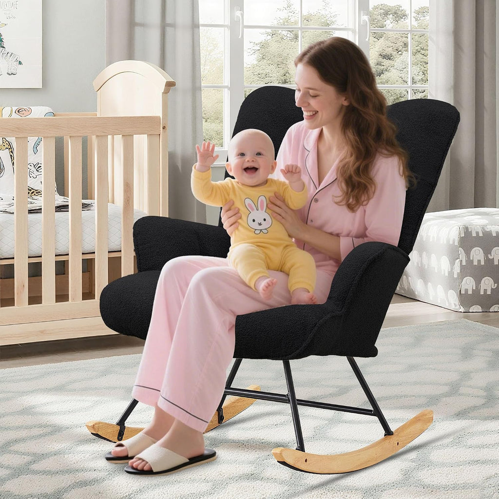 Zedachica Rocking Chair Nursery Teddy Upholstered Glider Rocker Rocking Accent Chair Padded Seat with High Backrest Armchair Comfy Side Chair for Living Room Bedroom Offices (Black Teddy)