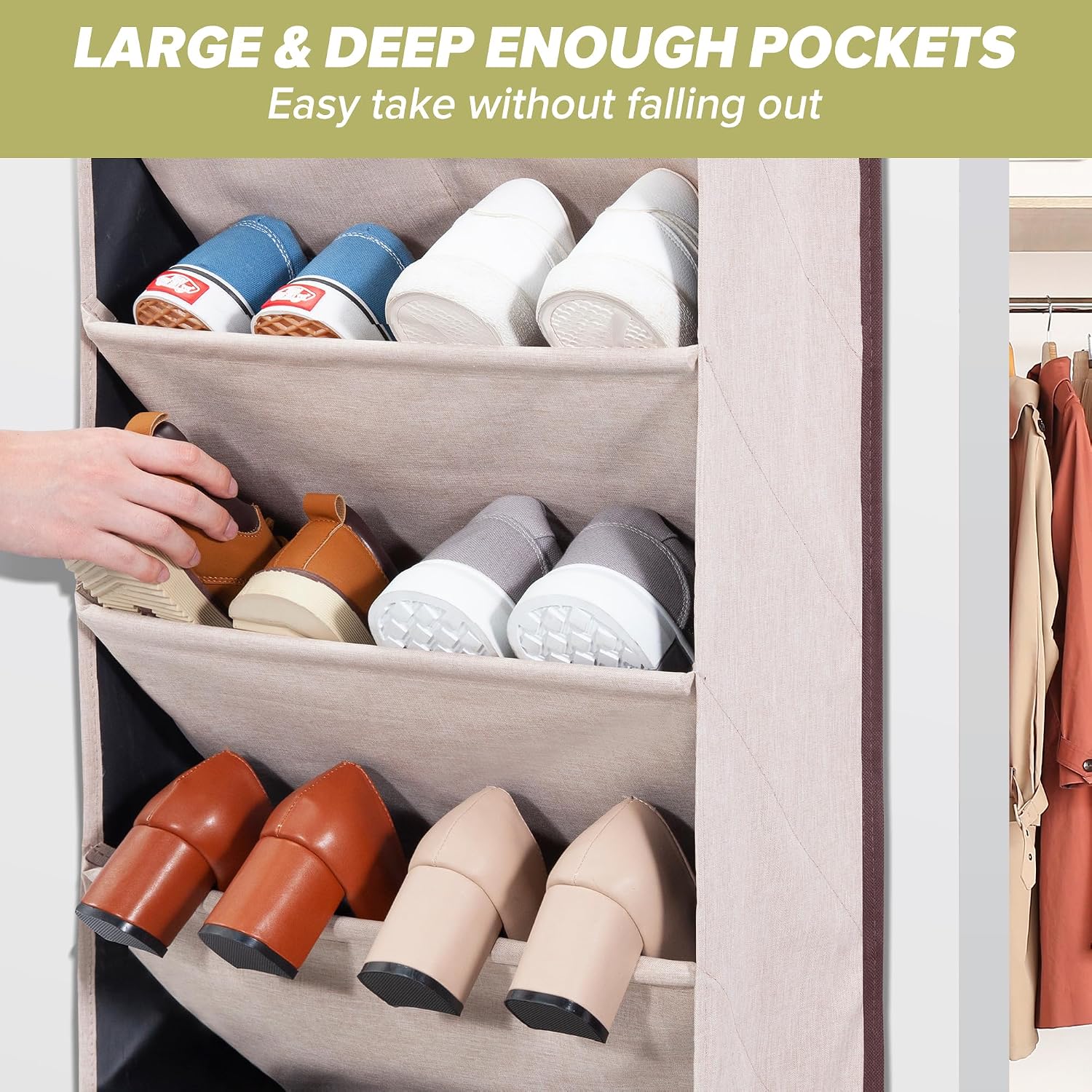 4 Pack Shoe Organizer with 6 Extra Large Pockets and 4 Large Pocket, Over the Door Sturdy Closet Storage Rack, Hanging Shoe Organizer for Shoes, Sneakers, Beige