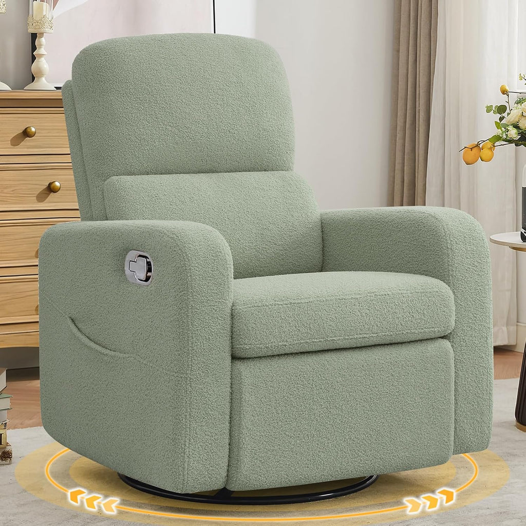 Swivel Rocker Recliner, Oversized Manual Boucle Nursery Glider Rocking Recliner Chair with Removable Cushion, Upholstered Teddy Swivel Reclining Chair for Nursery Living Room Bedroom, Green