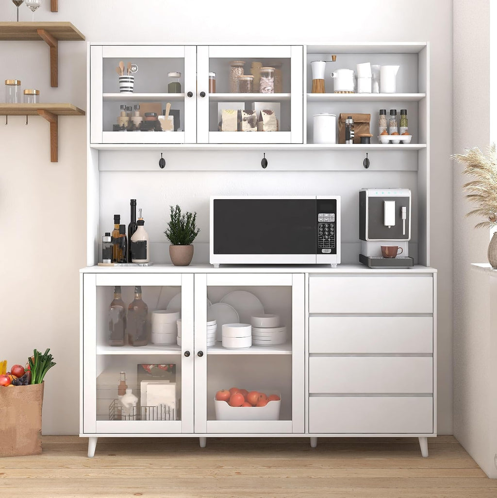 ZeHuoGe 63" W Large Kitchen Hutch Cabinet, Freestanding Pantry Cabinets Storage Kitchen Cupboard with 4 Doors, 4 Drawers & Microwave Shelf (White)