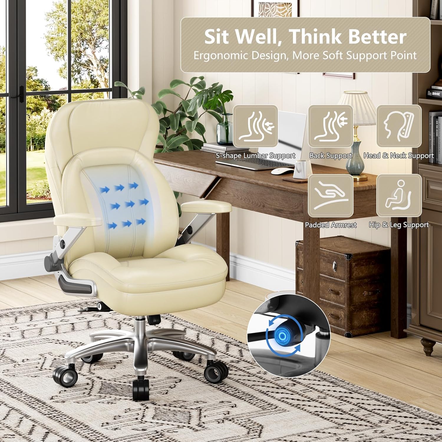 Big and Tall Office Chair, Heavy Duty Desk Chair with 5D Arms, Adjustable Lumbar Support & Height, Tilt Function, PU Leather High Back Ergonomic Executive Computer Chair