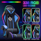 HOFFREE RGB Gaming Chair with Speakers Massage Computer Gaming Chair with LED Lights and Footrest High Back Video Game Chair for Adults Blue and Black