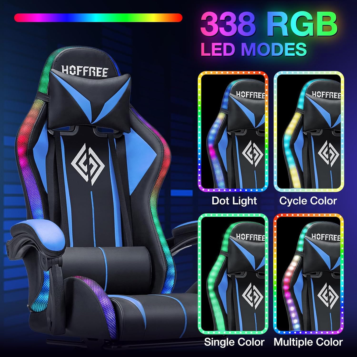 HOFFREE RGB Gaming Chair with Speakers Massage Computer Gaming Chair with LED Lights and Footrest High Back Video Game Chair for Adults Blue and Black