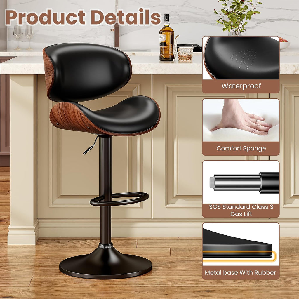 YaFiti Swivel Bar Stools Set of 2, Bar Stools for Kitchen Counter, Black | Comfortable Faux Leather Seating with Ergonomic Support and a Sturdy Footrest for Modern Kitchen Islands and Home Bars