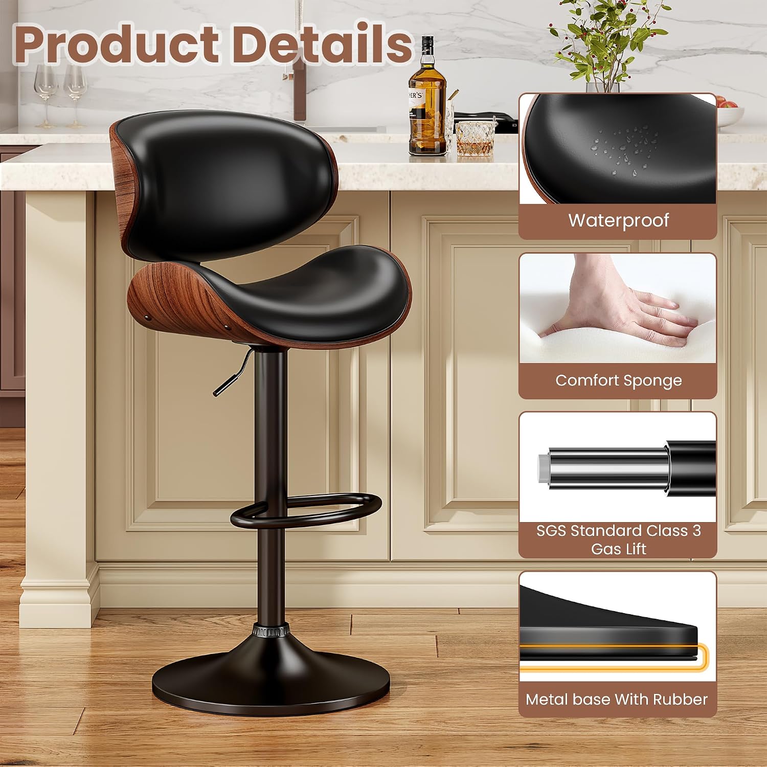 YaFiti Swivel Bar Stools Set of 2, Bar Stools for Kitchen Counter, Black | Comfortable Faux Leather Seating with Ergonomic Support and a Sturdy Footrest for Modern Kitchen Islands and Home Bars