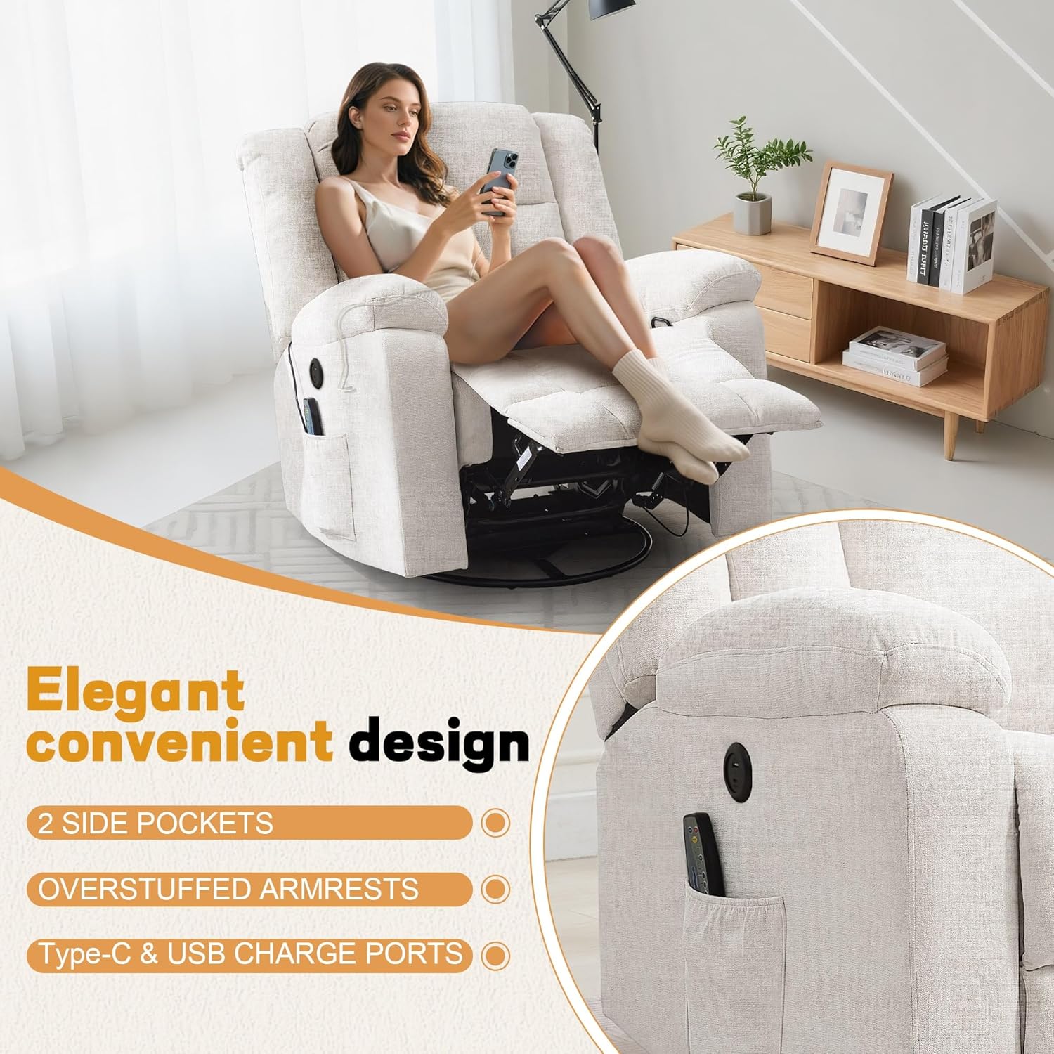 Korser Rocker Recliner, Glider Recliner Chairs for Adults, 360° Swivel Rocking Chair with Massage and Heating, Nursery Chair with Storage and USB Charging, Ivory White, Swivel Rocker Recliner